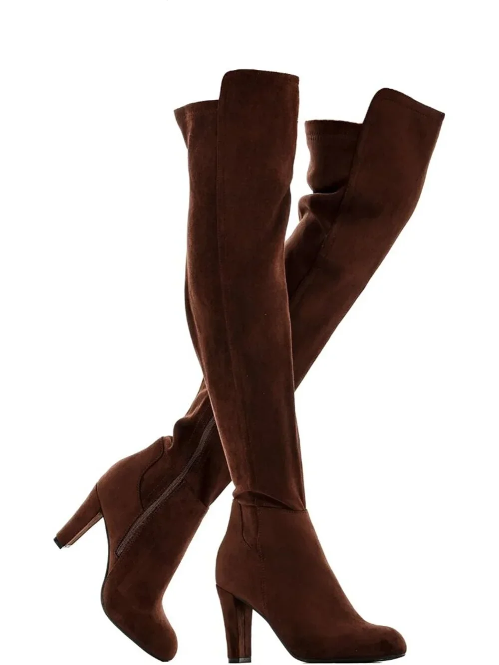 Women's Chocolate Faux Suede Chunky Heel Stretch Over The Knee Thigh High Boots